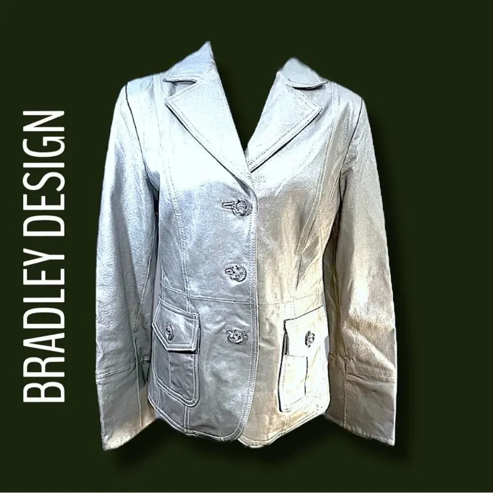 BRADLEY Elegant Silver Metallic Leather Oversize Rhinestone Buttons Jacket M
